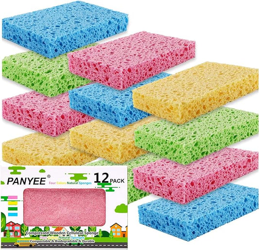 Compressed Cellulose Kitchen Sponges 12Pack，Non-Scratch Biodegradable Natural Colorful Sponge Scrub for Dishes Cleaning,Funny DIY Sponge for Kids
