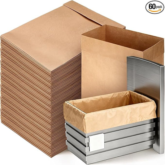 60 Pcs Trash Compactor Bags for Kitchen Pre-Cuffed Heavy Duty Kraft Paper Compactor Bags with Waterproof Liner Reinforced Bottom for Kitchen Use, 20.47 x 15.75 x 8.66"