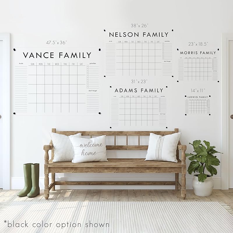 Personalized Clear Acrylic Calendar for Wall, Calendar Whiteboard for Wall, Dry Erase Wall Calendar, Wall Calendar Organizer System for Home (Block, Black, 47.5"W x 36"H)