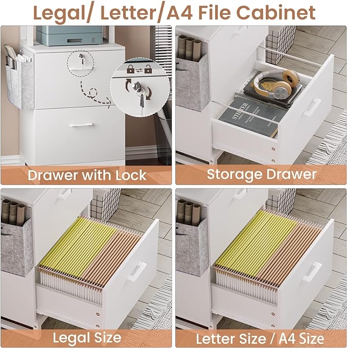 Itaar 2 Drawer File Cabinet, Filing Cabinet with Lock fits Letter, Legal, A4 Size, File Cabinets for Home Office with Storage Bag, Open Shelf and Hook, White