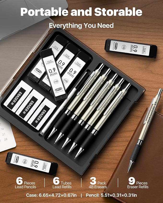 Four Candies Metal Mechanical Pencil Set - 6PCS 0.9mm Art Mechanical Pencils & 360PCS HB Lead Refills & 3PCS Erasers & 9PCS Eraser Refills, Drawing Mechanical Pencils for Writing, Sketching -With Case