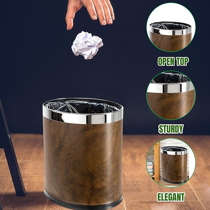 Invisi-Overlap' Open Top Leatherette Trash Can, Small Office Wastebasket, Modern Home Décor, Oval Shape (Brown)
