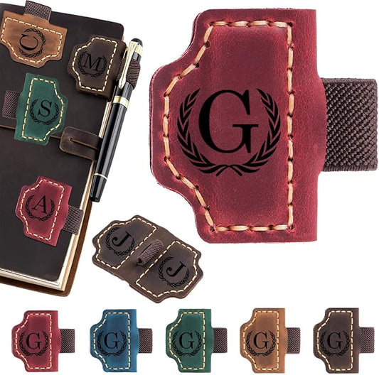 Artlaza Personalized Magnetic Leather Bookmark with Pen Holder - 26 Letters Custom Book Mark with Name Initial Engraved Book Marker for Readers, Book Lovers, Travelers - Gift for Women & Men(Red，G