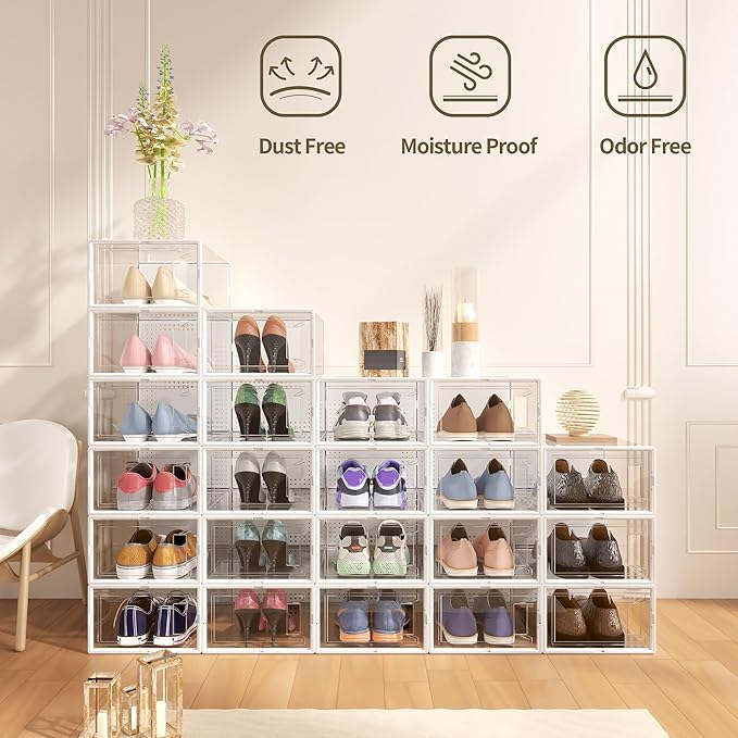 Secret Space 12 Pack XX Large Shoe Organizer Storage Boxes for Closet, Modular Space Saving Shoe Boxes Clear Plastic Stackable Sneaker Containers Display Case with Lids, Pearl White03