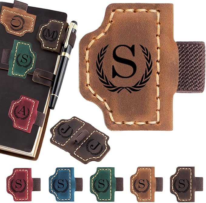 Personalized Magnetic Leather Bookmark with Pen Holder - 26 Letters Custom Book Mark with Name Initial Engraved Book Marker for Readers, Book Lovers, Travelers - Gift for Women & Men(Light Brown，S