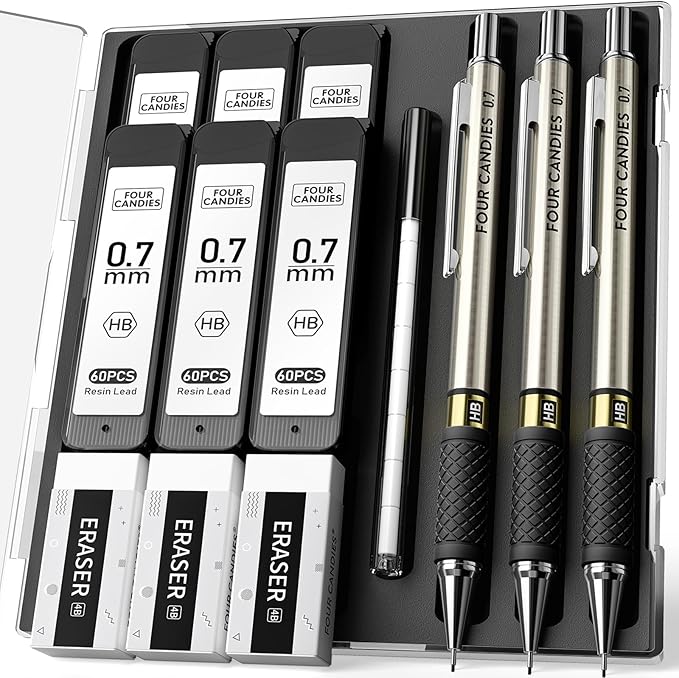 Four Candies Metal Mechanical Pencil Set - 3PCS 0.7mm Art Mechanical Pencils & 360PCS HB Lead Refills & 3PCS Erasers & 9PCS Eraser Refills, Drawing Mechanical Pencils for Writing, Sketching-With Case