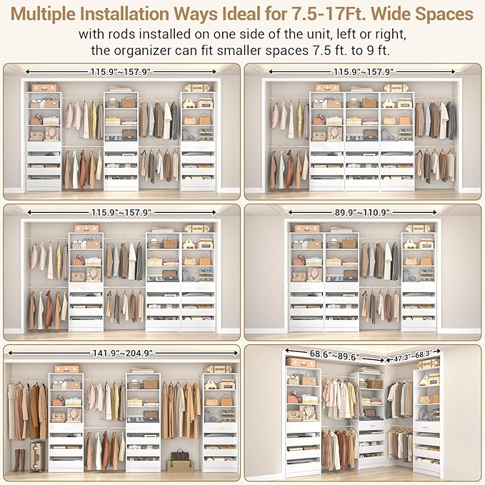 Aheaplus Closet System with 12 Drawers, 8.5-11.5Ft Wood Closet Organizer System with 4 Hanging Rods & 3 Towers, 4Ft & 6Ft L-Shaped Walk-in Closets Wardrobe Organizer Clothes Rack, Set of 3, White