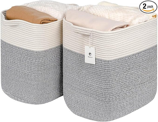 Storage Baskets for Clothes Fabric Cotton Rope Storage Basket with Handles, Decorative Woven Basket for Living Room,Closet Organizer Blankets, and 2bags (Silver Gray, L14×W11×H14)