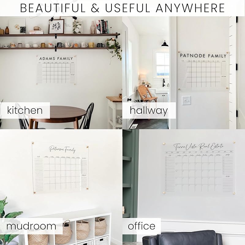 Personalized Clear Acrylic Calendar for Wall, Calendar Whiteboard for Wall, Dry Erase Wall Calendar, Wall Calendar Organizer System for Home (Cursive, Blush, 47.5"W x 36"H)