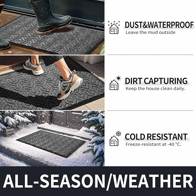 Yimobra Front Door Mat Outside Entrance 29.5x17, Waterproof Heavy Duty Outdoor Mats for Front Door, Non Slip Rubber Entry Mat for Garage Patio, Black Grey