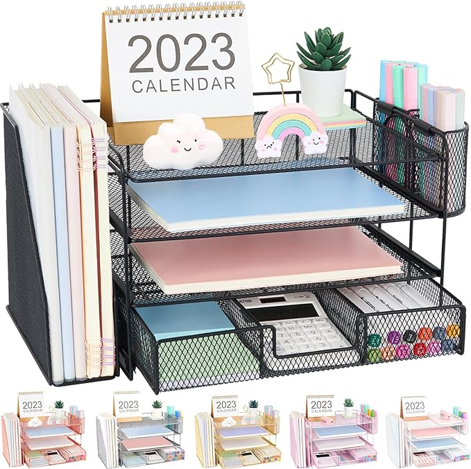 Desk Organizer and Accessories, 4-Tier Desktop File Organizer with Drawer and 2 Pen Holders, Office Desk Accessories for Office Supplies(Black)