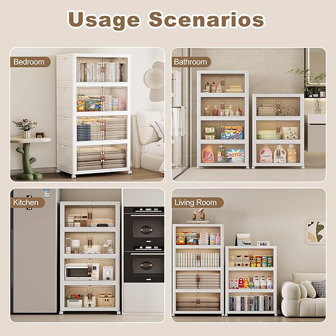 SAILUN 308QT Extra Large Collapsible Storage Bins with Wheels and Lid, Stackable Storage Bins Open Closet Organizers and Storage Storage Containers Drawers,23.6" L × 15" W × 54.5" H（4 Pack）