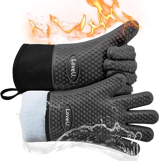 Kitchen Oven Gloves - Dual-Layer Heat Resistant Grilling Gloves, Silicone Oven Mitts with 5 Fingers, Waterproof Non-Slip Pot Holder for Barbecue, Cooking, Baking (XL-XXXL, Black Long)