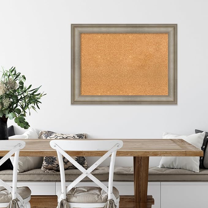 Amanti Art Natural Cork Board for Wall, 25x33 Vision Board with Silver Wood Frame, Medium Corkboard Office Decor for Home Organization, Traditional Corkboard Pinboard to display items for home