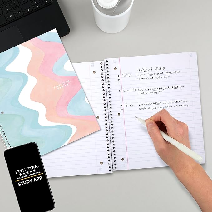 Five Star Spiral Notebook + Study App, 2 Pack, 1 Subject, Wide Ruled, 8" x 10-1/2", 80 Sheets, Fights Ink Bleed, Water Resistant Cover, Pastel Waves and Brush Strokes (930210F-ECM)