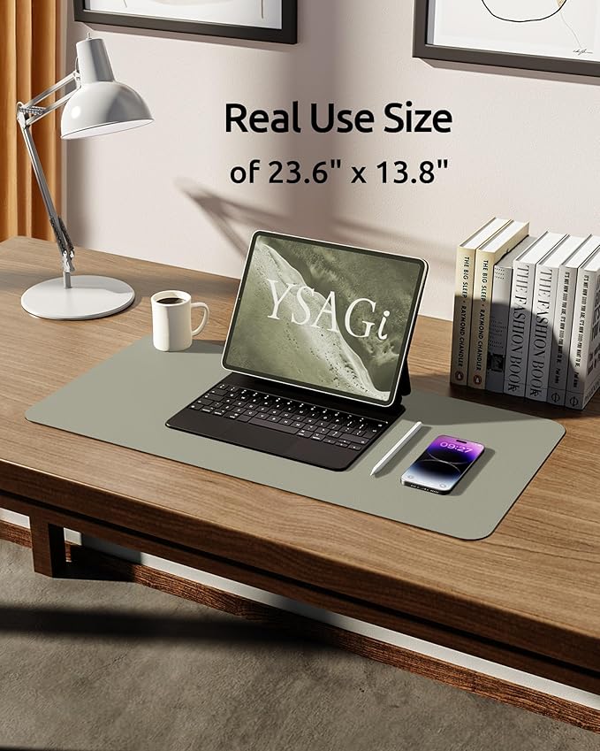 YSAGi Leather Desk Protector, Office Mat, Large Mouse Mat, Non-Slip PU Leather Blotter, Laptop Desk, Waterproof Writing Pad for Office and Home (Sage Green, 23.6" x 13.8")