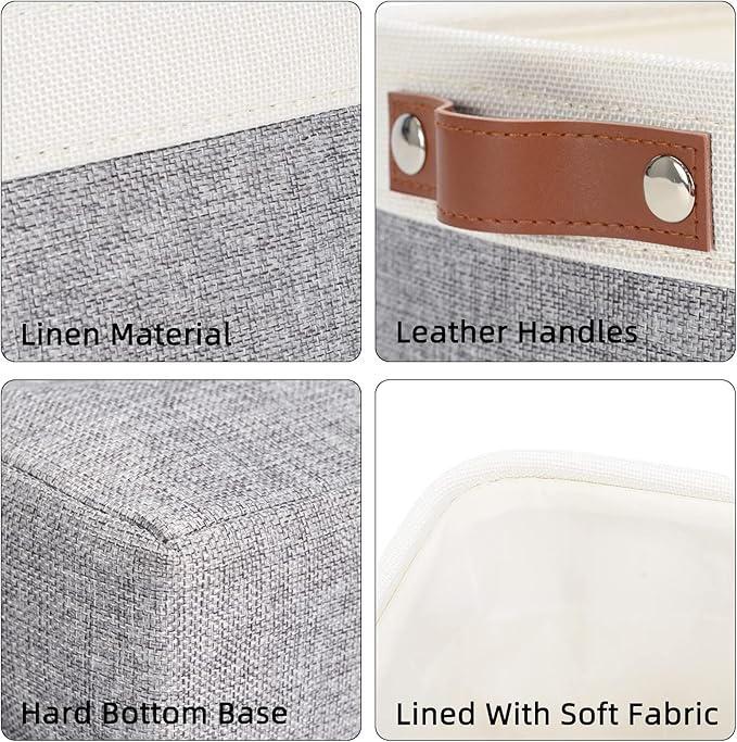 DULLEMELO Fabric Bathroom Storage Bin with Leather Handles, Narrow Organizer for Towels, Toilet Paper Rolls, Storage Basket for Back of Toilet, Vanities, Shelves & Cabinets (White&Gray)