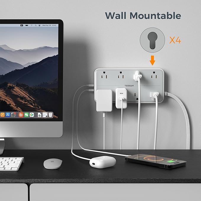 Flat Plug 15 FT Extension Cord, TESSAN Surge Protector Power Strip with 8 AC and 3 USB(1USB-C) Ports, 1080J Protection, Wall Mount Widely Spaced Charging Station for Home, Office, School, Dorm Room