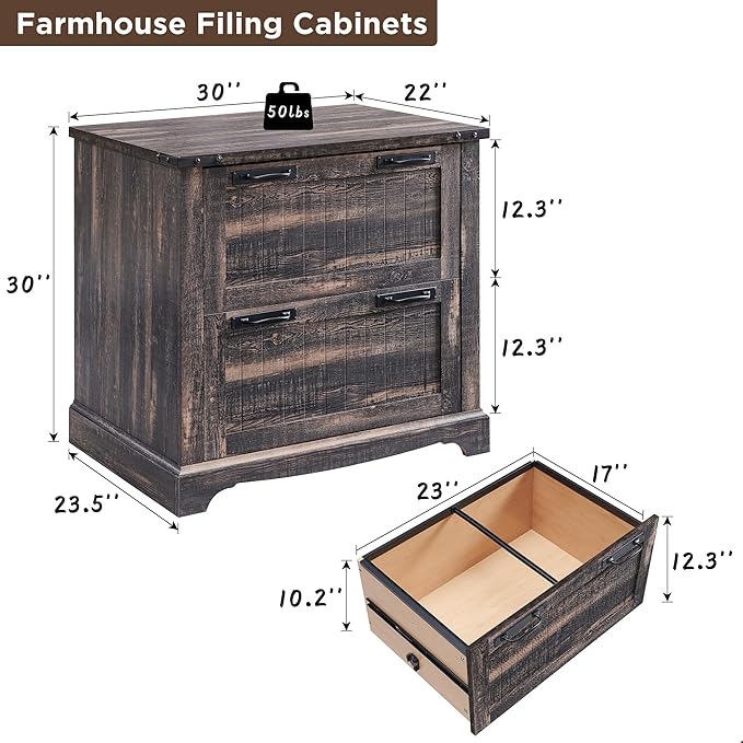 RedLemon File Cabinet with 2 Drawers, Farmhouse 30" Filing Cabinets with Hanging File Folders for A4/Letter/Legal Size Documents,Office Storage Cabinet for Study Room, Living Room (Dark Rustic Oak)