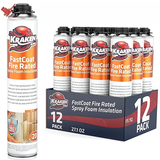 Kraken Bond Fastcoat Fire Rated Spray Foam Insulation Kit Closed Cell in a Can 240 sq ft (12x27.1 oz.)(R-Value 11.32 / 2in)- Spray Foam for Garage Door, Attic, Wall Gun & Cleaner Not Included, 12 Pack
