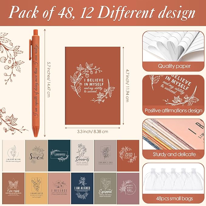 48 Set/96 Pcs Positive Affirmation Gift Set Gratitude Notebooks with Pens Small Bags Motivational Encouragement Notepads Daily Affirmations Journal for Women Stress Relief Self Care (Simple)