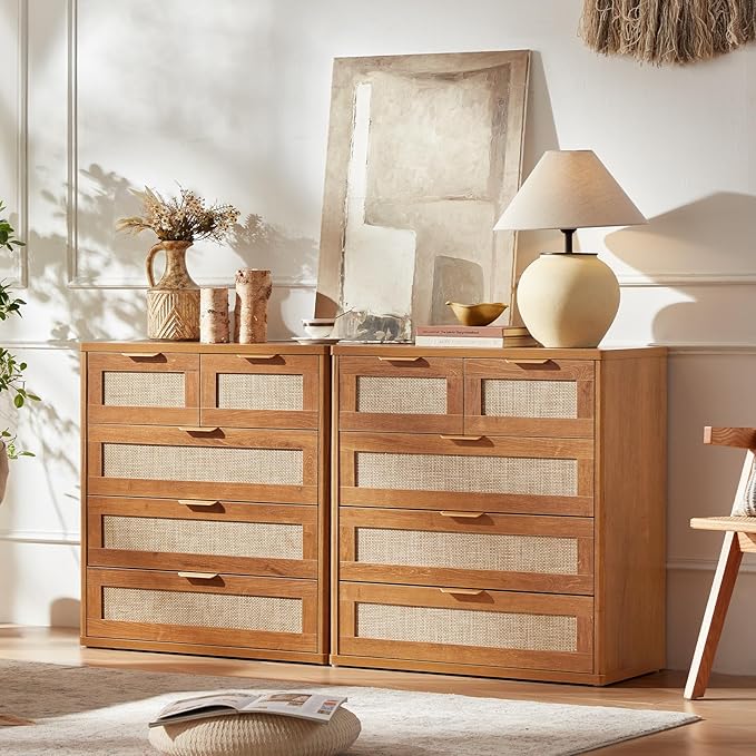 LEYAOYAO Rattan Dresser for Bedroom, 33.5" Tall Chest of Drawers, Modern 5 Drawers Boho Dressers with Storage, Vintage Brown Dresser Wooden Closet Organizer for Living Room, Hallway