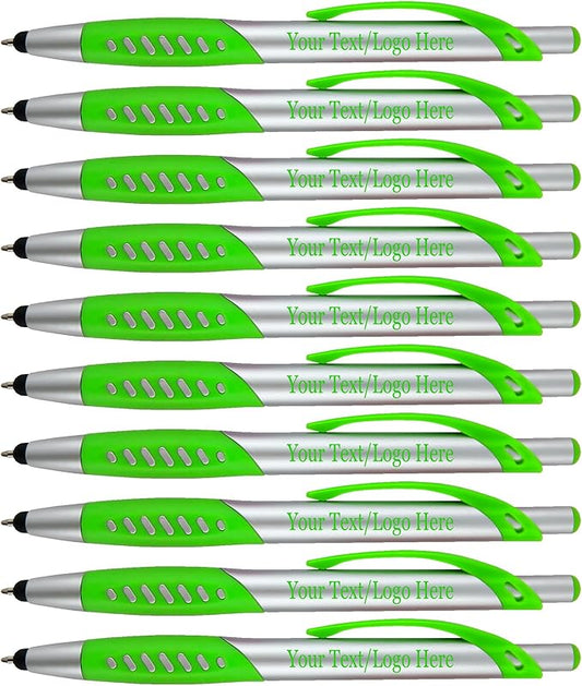 Personalized Pens With Custom Logo or Text-300 Pack Bulk-for Businesses, Parties, and Events, 2 in 1 Ballpoint Pen & Capacitive Stylus for Touchscreen Devices, Click Action, Black Ink, Light Green