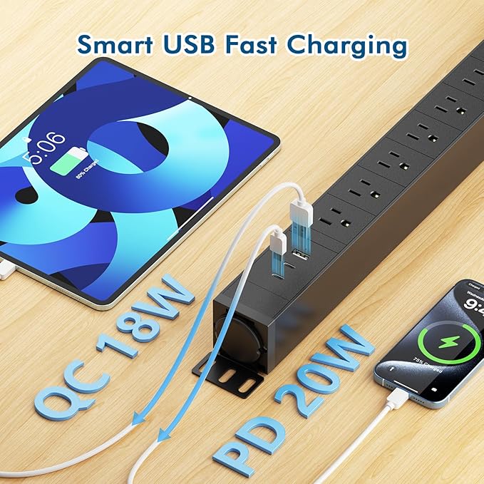8 Outlet Metal Wall Mount Power Strip,360° Rotatable Mounting,PD 20W USB C Fast Charging,Surge Protector Powerstrip with 6FT Cords,15A 1875W, for Home Office Industrial Garage Commercial