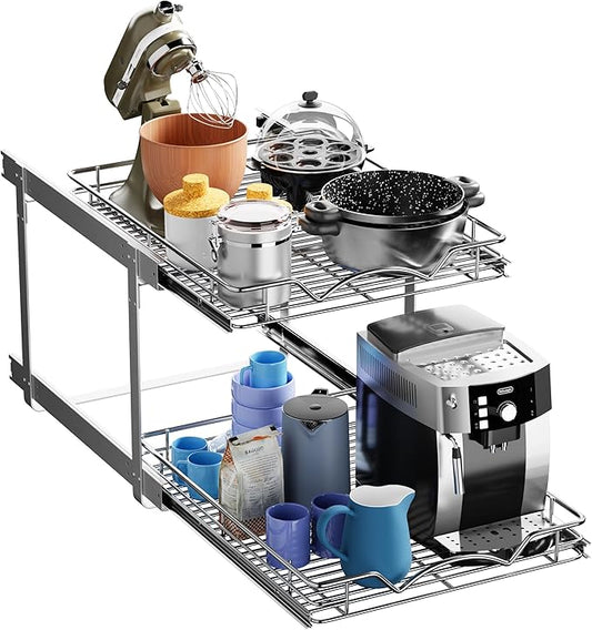 HOLDN’ STORAGE Two Tier Pull Out Cabinet Organizer, Individual Sliding Drawers - Heavy Duty Metal with Lifetime Limited Warranty - Anti Rust Chrome Finish - 17" W x 21”D x 16.5" H