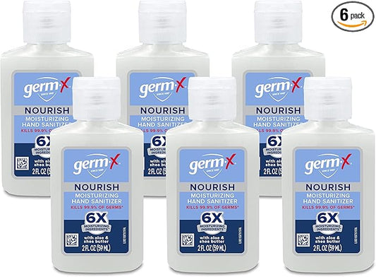 Germ-X Nourish Hand Sanitizer, 2-in-1 Moisturizing and Sanitizing Formula with Shea Butter, Vitamin E & Aloe, Non-Greasy, Mini Travel Size for On-The-Got, 2 Fl Oz (Pack of 6)