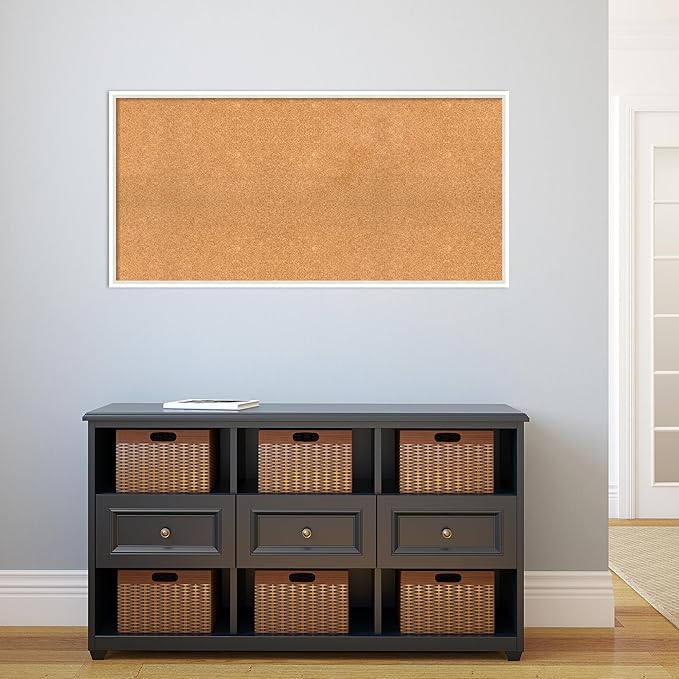 Amanti Art Natural Cork Board for Wall, 23x47 Vision Board with White Frame, Oversize Corkboard Office Decor for Home Organization, Modern Corkboard Pinboard to Display Items for Home Organization in