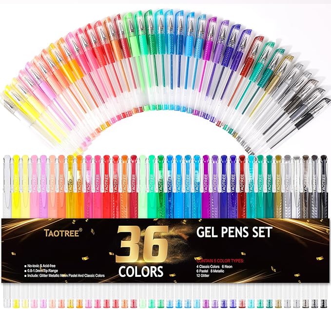Taotree Glitter Gel Pens, 36 Color Neon Glitter Pens Fine Tip Art Markers Set 40% More Ink Colored Gel Marker for Coloring Book, Drawing, Coloring, Scrapbook, Journaling, Sparkle Easter Gifts kids