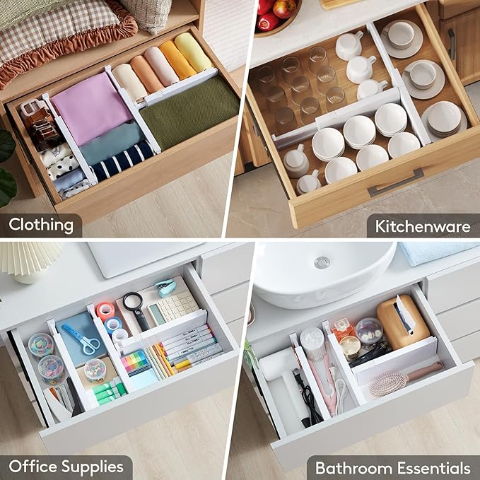 Lifewit 14 Pack Drawer Dividers 4" High, 11-17" Adjustable Drawer Organizers for Clothes, Expandable Dresser Separators in Bedroom/Bathroom/Kitchen/Fridge/Office Organization and Storage, White