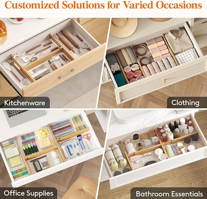 Lifewit 4 Pack Drawer Dividers Bamboo 2.4" High, 12-17" Adjustable Drawer Organizers for Clothes, Wooden Dresser Separators in Bedroom/Bathroom/Kitchen/Fridge/Office Organization and Storage