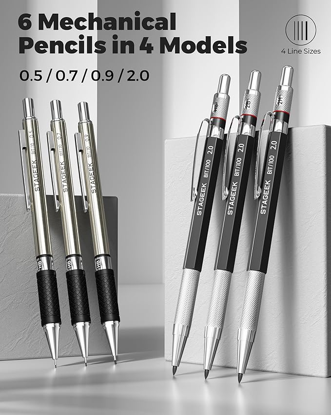 30PCS Mechanical Pencil Set with Canvas Bag, Drawing Pencils 0.5, 0.7, 0.9MM & 3PCS 2MM Sketching Pencil with 464PCS Leads (6B 4B 2B HB 2H 4H Color) for Artist Drafting Drawing Writing