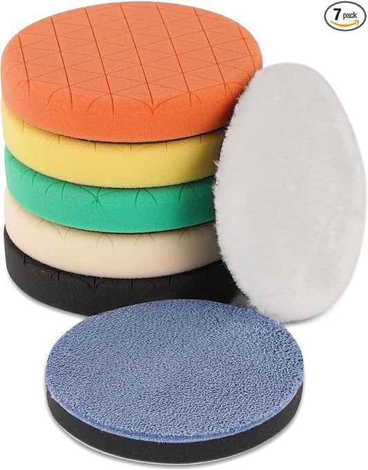 Buffing Polishing Pads, 7Pcs 6.5 Inch 165mm Face for 6Inch 150mm Backing Plate, Car Compound Buffing Sponge Pads and Woolen Pads Cutting Polishing Pad Kit for Car Polishing and Waxing
