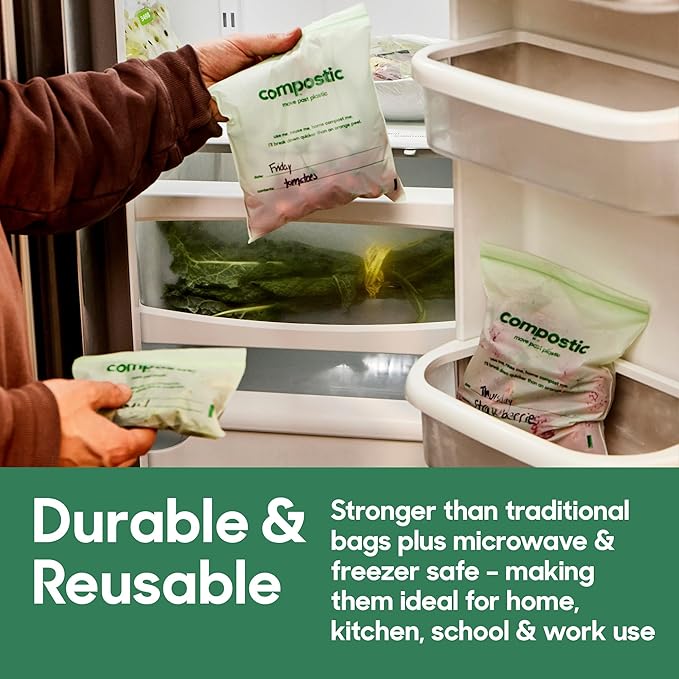Compostic Home Compostable Resealable Snack Bags (6"x 3.5"), Microwave & Freezer Safe, Organic Food Storage Container, 30 Count (Pack of 2)