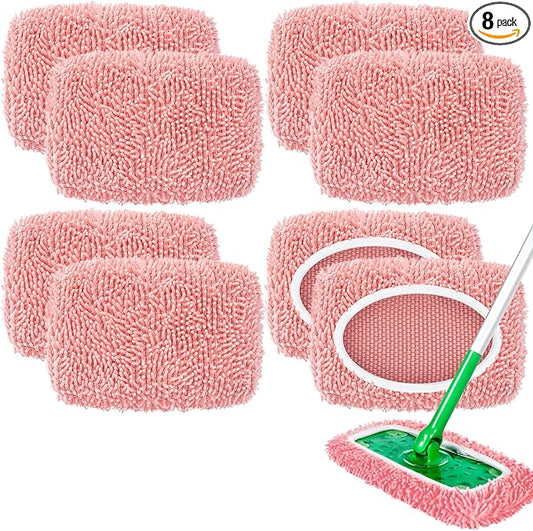 8 Pack Reusable Mop Pads Compatible with Swiffer Sweeper, Microfiber Chenille Washable Swiffer Mop Pads, Dry & Wet Sweeping Mopping Cloths (Pink)