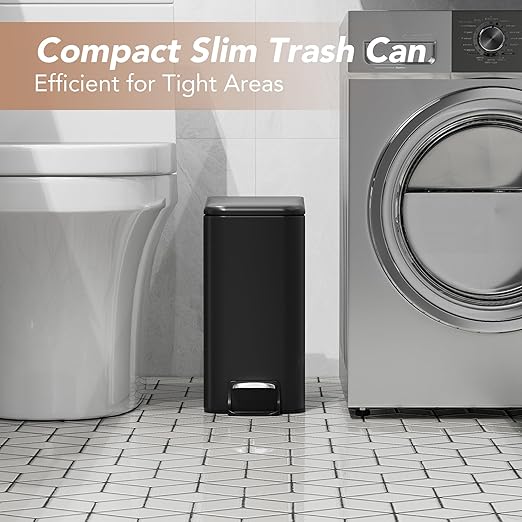 Small Trash Can with Lid Soft-Close, 6 L/1.6 Gal Bathroom Garbage Can with Removable Inner Bucket, Step Pedal, Stainless Steel Wastebasket for Kitchen, Bathroom, Bedroom, Office, Matt Black