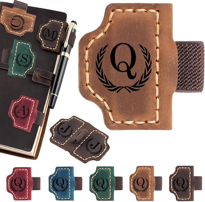 Personalized Magnetic Leather Bookmark with Pen Holder - 26 Letters Custom Book Mark with Name Initial Engraved Book Marker for Readers, Book Lovers, Travelers - Gift for Women & Men(Light Brown，Q