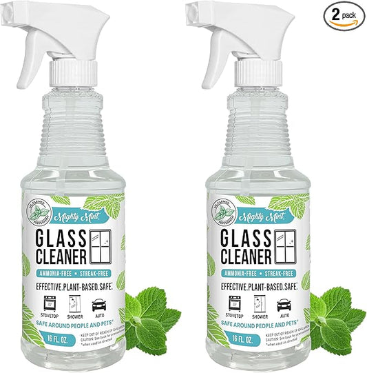 Mighty Mint Glass Cleaner, Ammonia-Free, Streak-Free Spray for Windows, Screens, Stovetop, Bathroom, Natural Peppermint Scent, 16oz (Pack of 2)