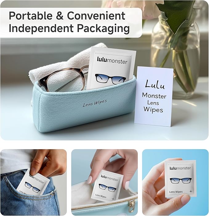 Anti Fog Lens Wipes for Eyeglasses Lulumonster, [150 Pre-Moistened Individually Wrapped Wipes] [Non-Scratching & Non-Streaking] Cleaner Wipes for Glasses, Sunglass, Phone Screen Camera Lens, Goggles