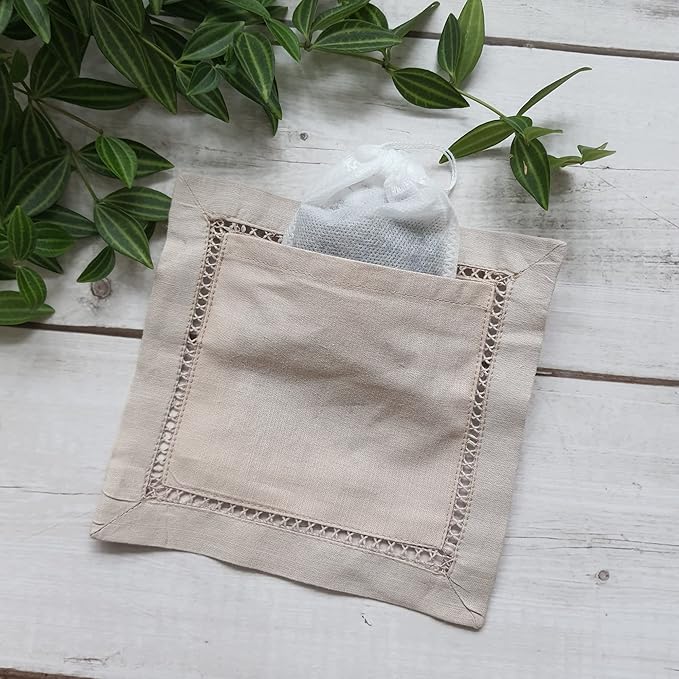 Hcraft Hand Embroidered Lavender Sachet Bags, 6"x6" Set of 3 Embroidery Natural Linen, Lavender Sachets for Drawers and Closets, Dried Lavender