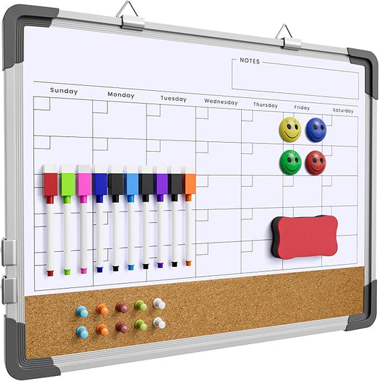 Dry Erase Calendar White Board for Wall, Polegas 17" X 13" Magnetic Whiteboard Dry Erase Cork Board Combination, Small Wall Monthly Double Sided Boards Student, Home, Office (White)