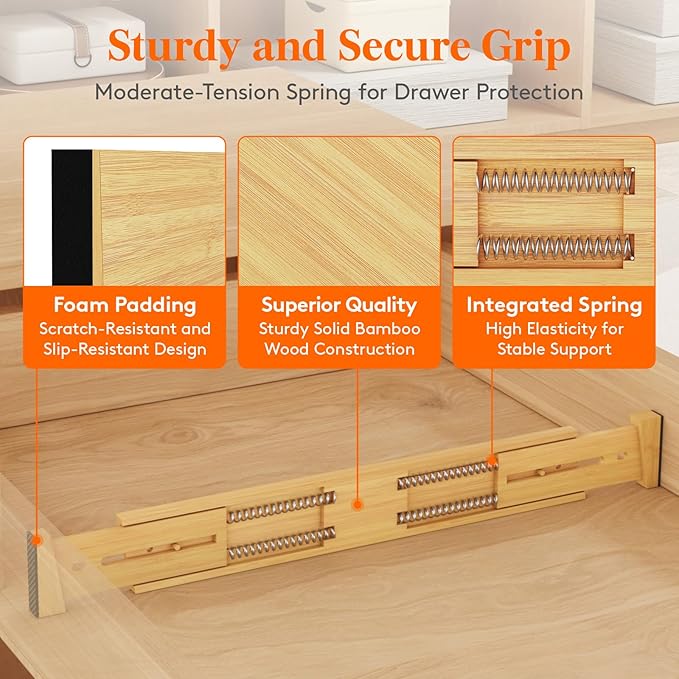 Lifewit 4 Pack Drawer Dividers Bamboo 2.4" High, 16-22" Adjustable Drawer Organizers for Clothes, Wooden Dresser Separators in Bedroom/Bathroom/Kitchen/Fridge/Office Organization and Storage