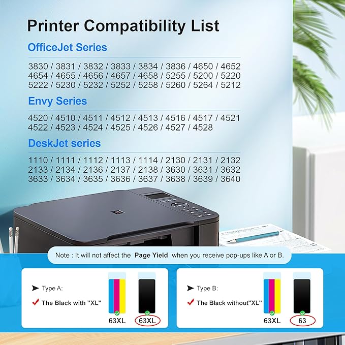 63XL Black Ink Cartridge High-Yield for HP Ink 63 Replacement for HP 63 Black Ink Cartridge Works for HP OfficeJet 3830 4650 5255 5258 5200 Envy 4520 4512 4510 DeskJet 1112 2130 3630 F6U64AN (2 Pack)