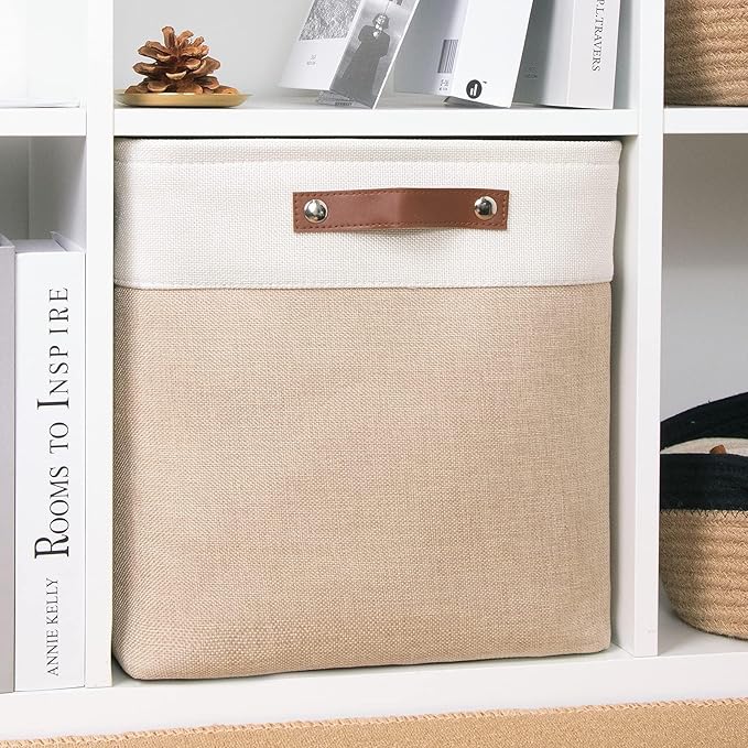 DULLEMELO Cube Storage Bin 13x13,Collapsible Fabric Storage Cube for Organizing,Cubby Storage Basket for Shelves,Closet,Laundry,Nursery,Toys,Clothes (White&Khaki)