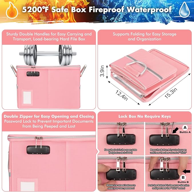 TOMKID 5200°F Fireproof Document Box, Fire Important Document Organizer with Lock, Upgraded Heat Insulated Filing Storage Cabinet Office Organization (5200°F Fireproof Box, Pink)