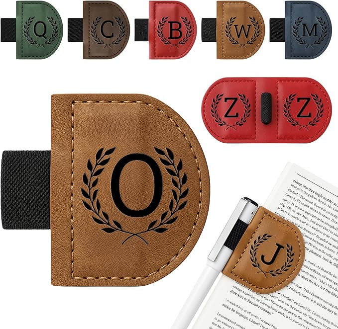 Personalized Bygone Mark Bookmark with Pen Holder,Engraving Leather Magnetic Bookmarks Vintage 26 Letters Name Initials Text Book Marker Clips Gifts for Reading Book Lovers Women (Brown, O)