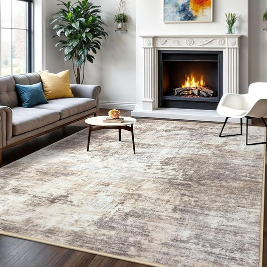 IOHOUZE Abstract Area Rugs 6x9 Ft Washable Rugs for Living Room, Non Slip Dining Room Rug Printed Faux Wool Rugs for Bedroom, Floor Carpet for Office Nursery Playroom, Beige Brown